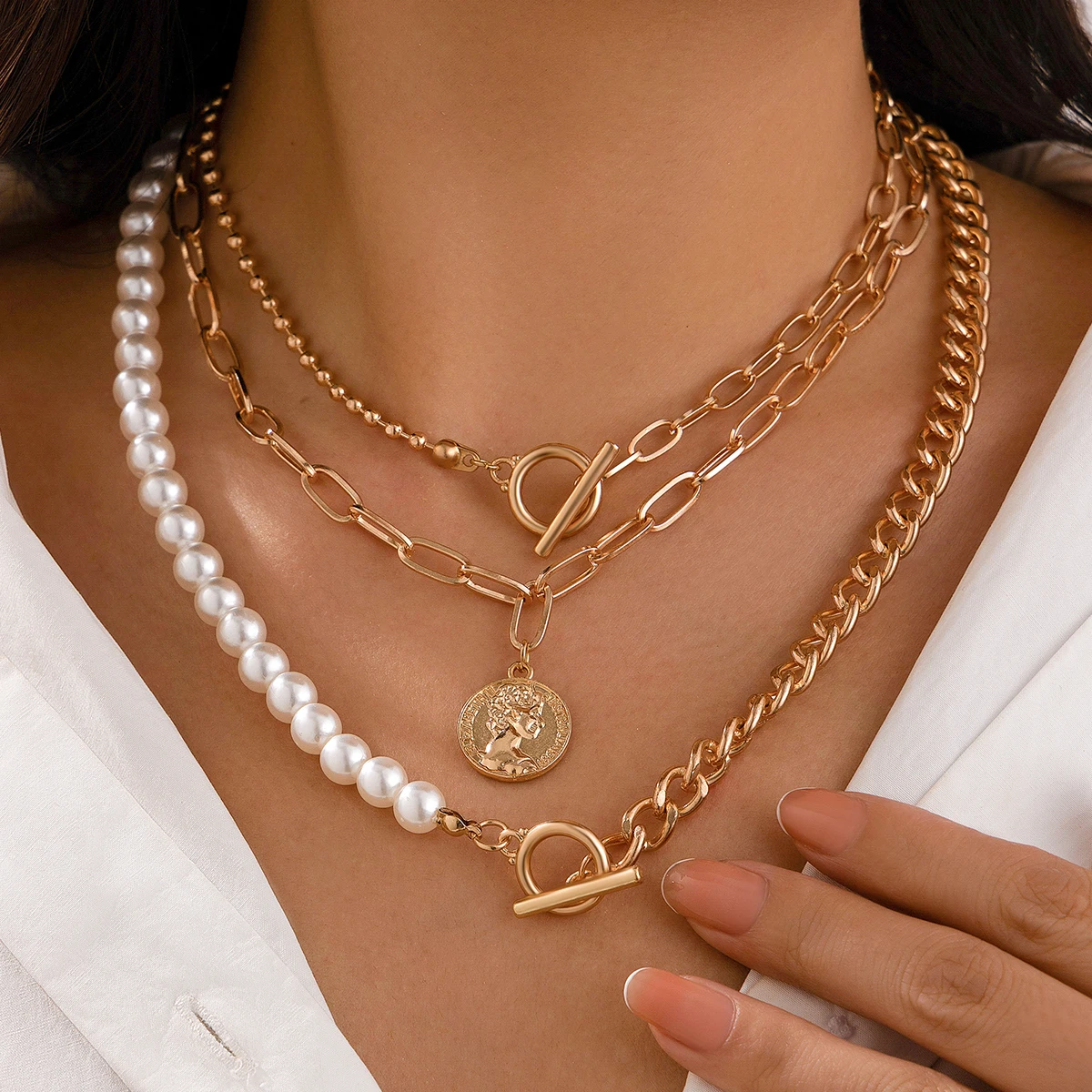 

SHIXIN 3Pcs/Set Multilayer Metal Chain Choker Necklace for Women Trendy OT Buckle Imitation Pearl Necklace Luxury Party Jewelry