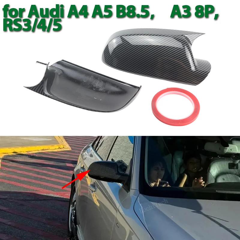 ABS 2x Carbon Pattern Car Side Rearview add on Mirror Cap Cover Shell For Audi A4 A5 S4 S5 B8.5, RS3 RS4 RS5, A3 8P B8.5 Black