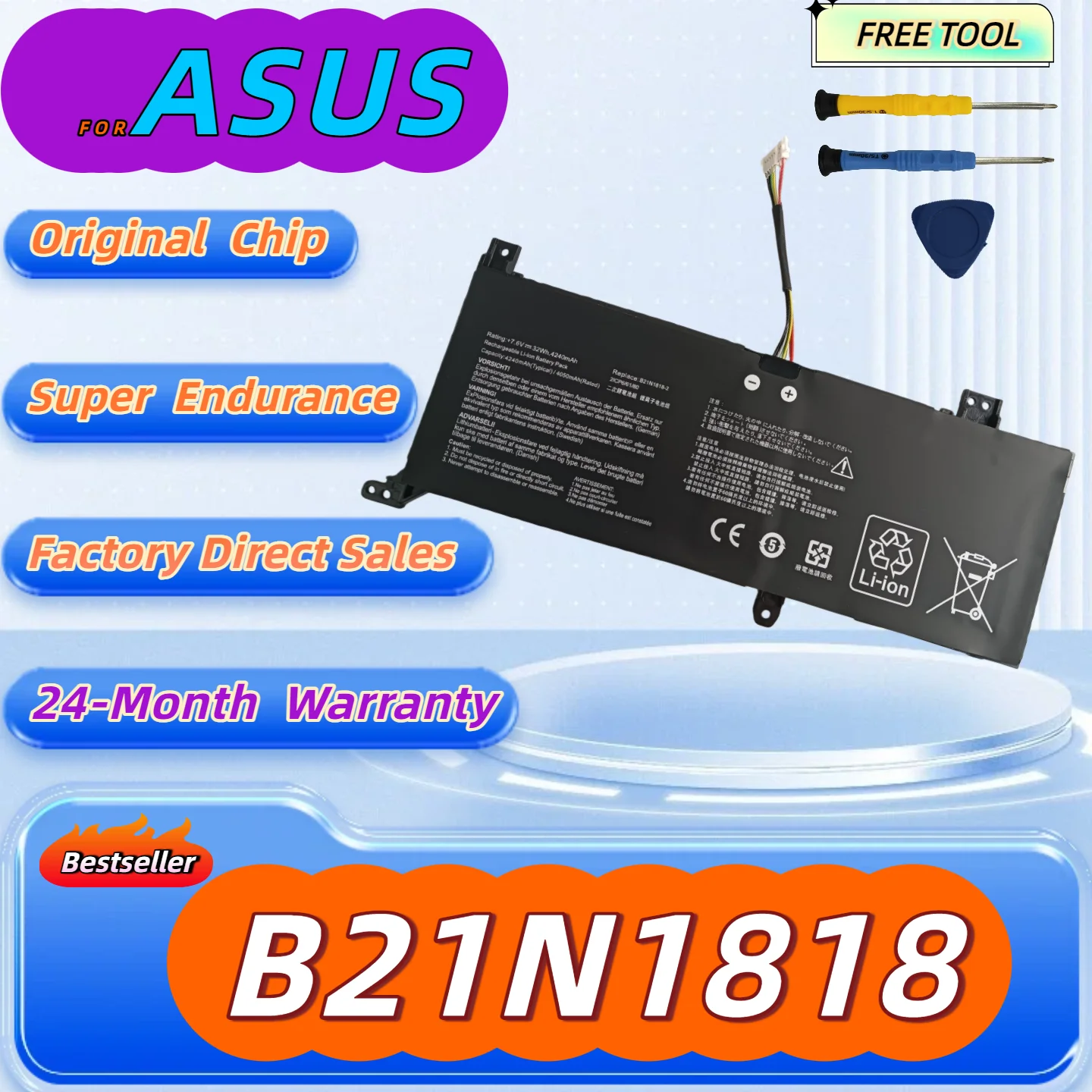 

B21N1818 Laptop Battery For ASUS VivoBook 17 X712 X712FA X712FB B21N1818-2 C21N1818 B21N1818-3 B21N1818-1 Free Tool+24M Warranty