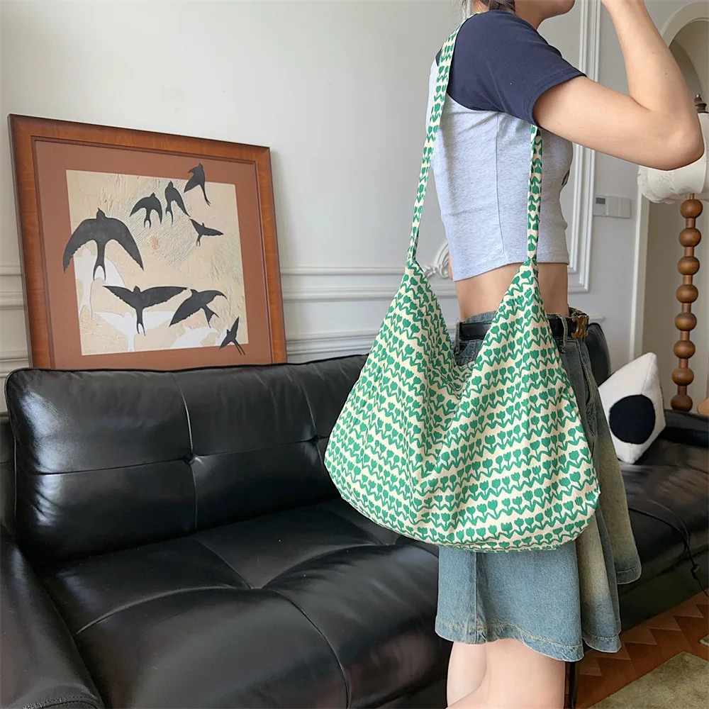 Floral Canvas Shoulder Bag For Woman Flower Print Shopping Tote Versatile Open Top No Lining Spring Summer Crossbody Bag