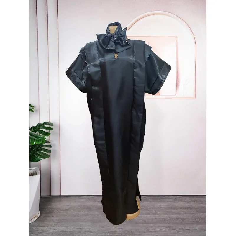 Oversize elegante maxi vestido feminino manga curta babados cetim seda festa vestido de verão 2025 casual solto cor sólida vestidos