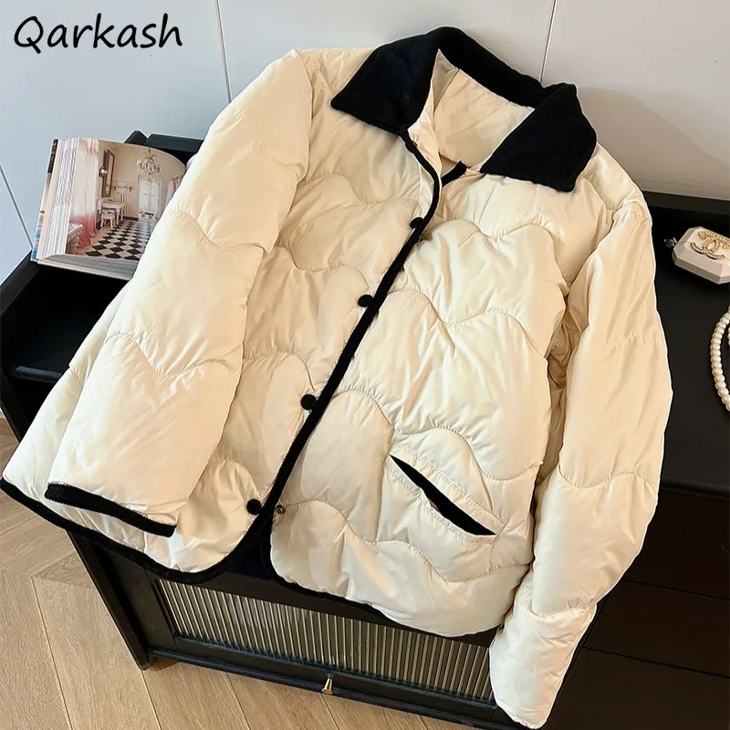 Parkas Women Winter Sweet Students Trendy Corduroy Turn-down Collar Patchwork Panelled Loose All-match Casual Age-reducing Retro