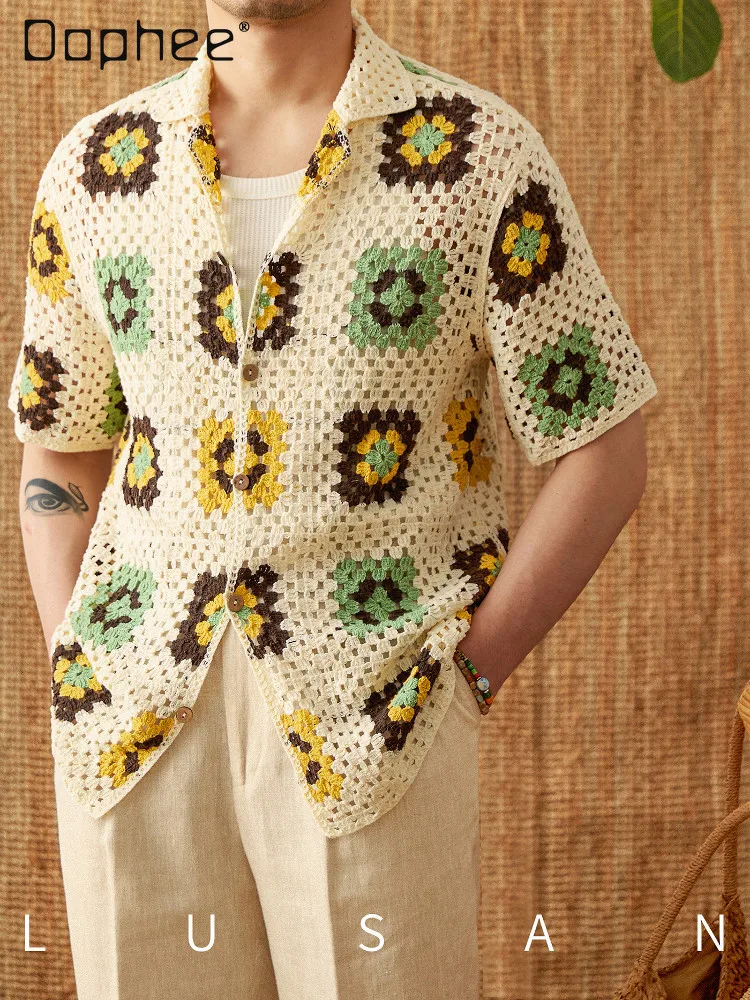 Men Summer Boho Crochet Geometric Print Short Sleeve Shirt Casual Hollow Out Knit Button Down Top for Daily Vacation