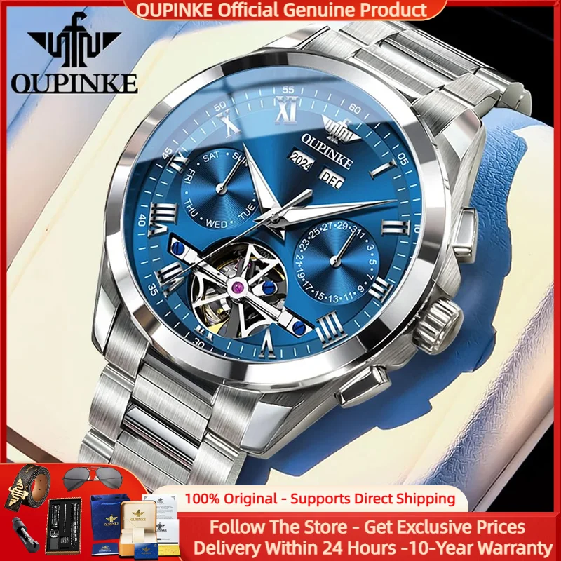 

OUPINKE 3281 Flywheel Hollow Men Watch Fully Automatic Mechanical Watch Luxury Brand High end Original Calendar Week Men Watch