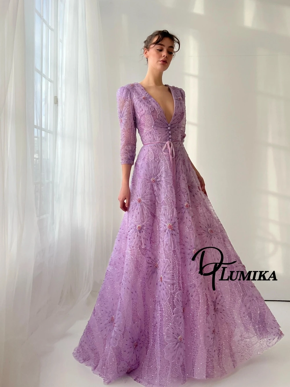 

Women's 3D Floral Sequin Evening Gown Sexy Deep V Neck Puff Sleeves Belted Tulle Fairy Luxury Formal Dazzling A Line Prom Dress