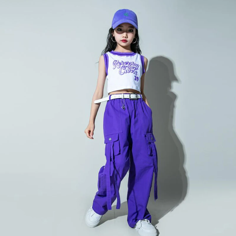 Girls Streetwear Jazz Clothing Crop Tank Tops Vshirt Purple Hip Hop Joggers Pants for Teenage Show Dance Costume Kids Clothes