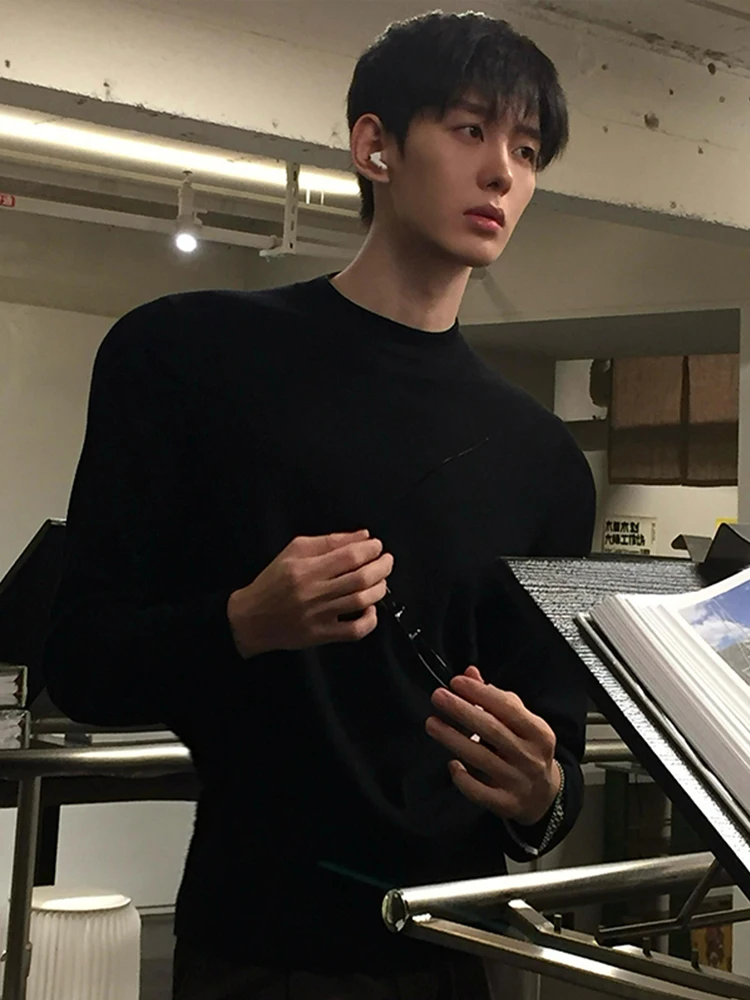 

Bla Fce Lined f High Collar Long Sve T-irt Men's Autumn Winter Thermal Wear Suit Inner Match Cotton Loose Fit St...