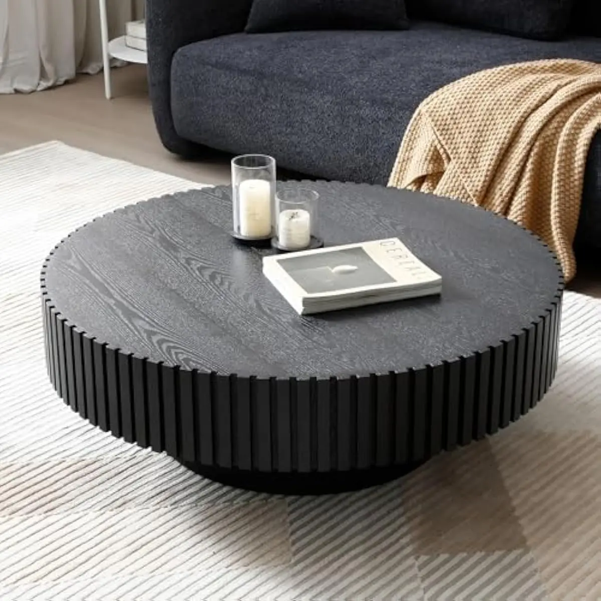 Round Fluted Center Table for Living Space – Solid Wood Top with Elegant Vertical Grooves, 31.5 Inch Diameter x 13.8 Inch Height