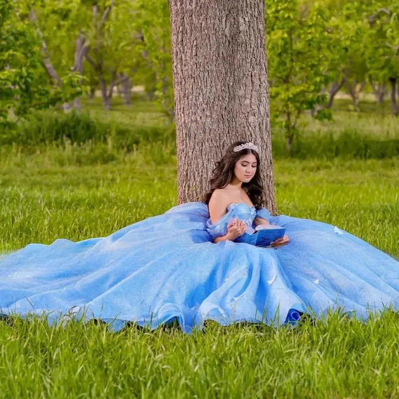 Aangepaste blauwe quinceanera jurk baljurk prinses zoete 16-verjaardagsfeestje jurk plooien ruche vlinder vestidos de 15 años