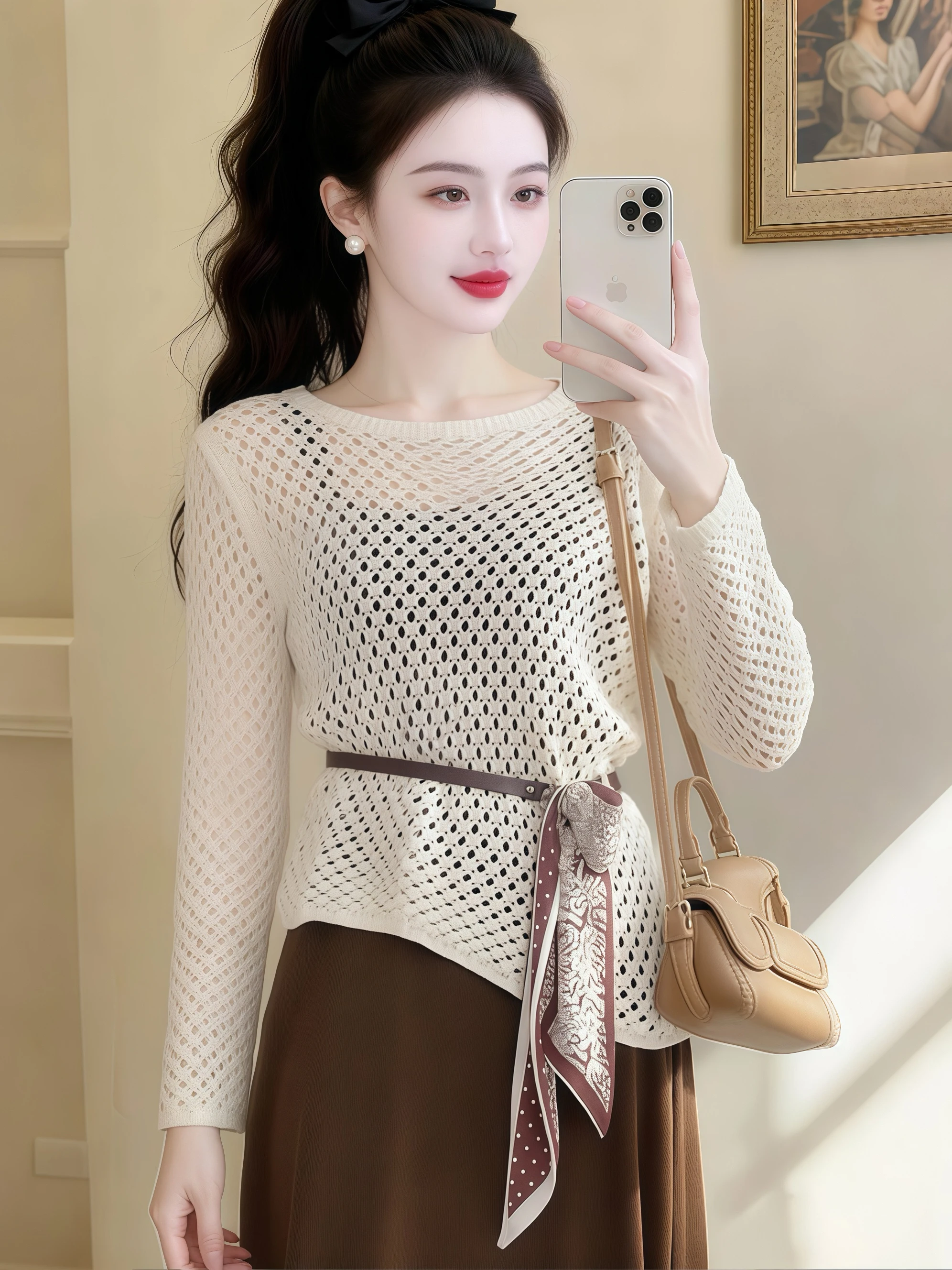 

Весенне-осенний комплект: женское вязаное платье-жилет с длинными рукавами и ажурными вставками, повседневный стиль, средняя длина