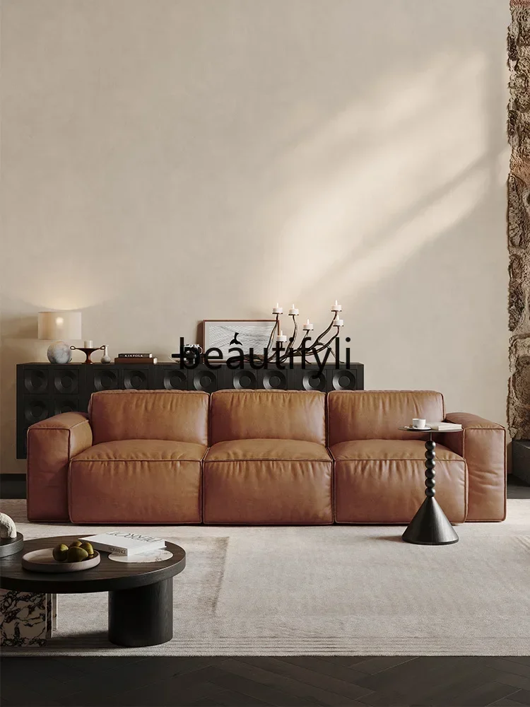 D5556  C  CTofu block oil wax leather sofa Nordic all leather sofa living room straight row simple high-end sofa combination