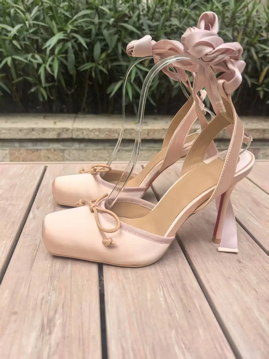 

2025 New Women's Shoes Pink Women Square Toe Thin Bottom Slim Heels Elegant Sexy Ballet Shoes Bow Strap Decorative Women Sandals