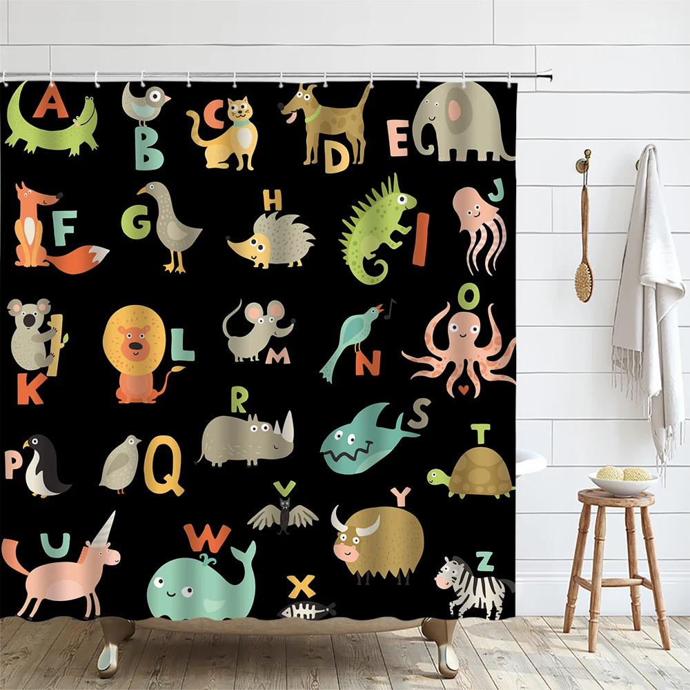 Kids Alphabet Shower Curtain for Bathroom Decor ABC Educational Learning Baby Cartoon Animal Colorful Girl Boy Art Bath Curtains