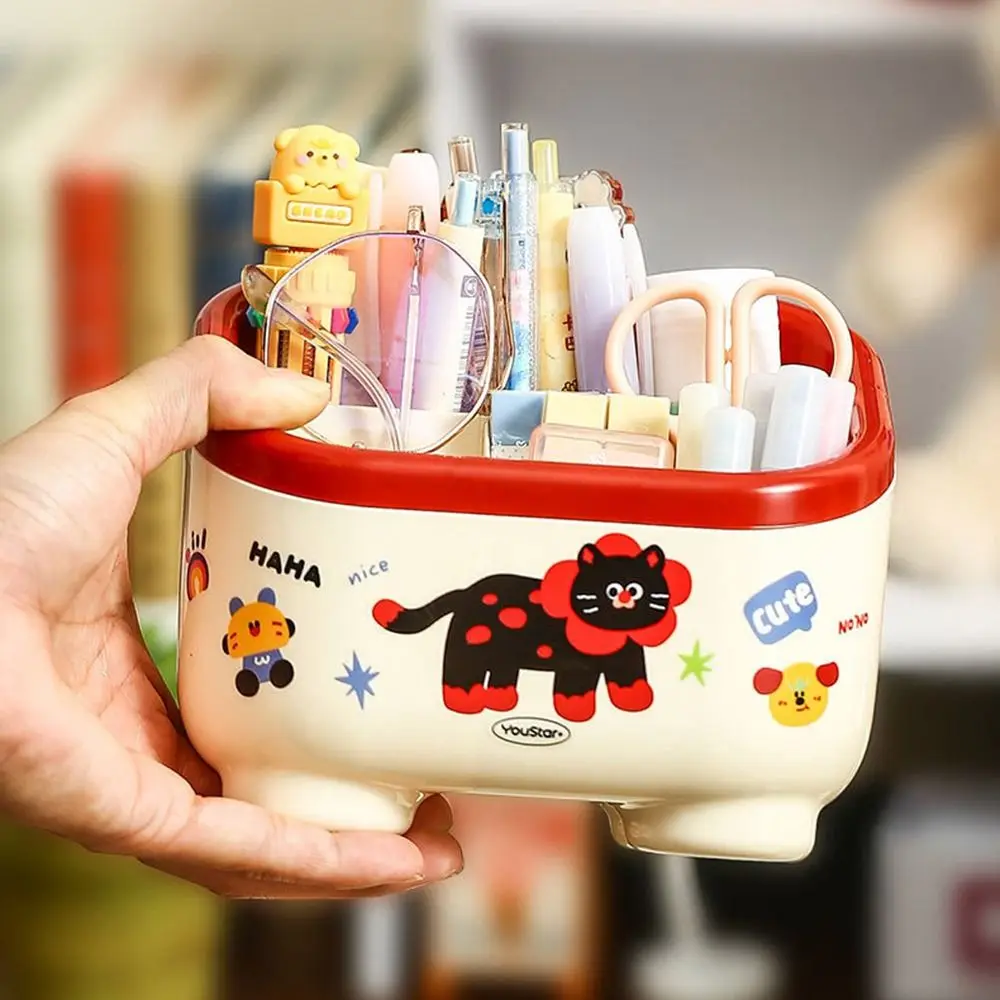 New Multi Grid Penholder Large Capacity with Stickers Table Storage Box Cartoon Pattern Makeup Brush Organizer Box