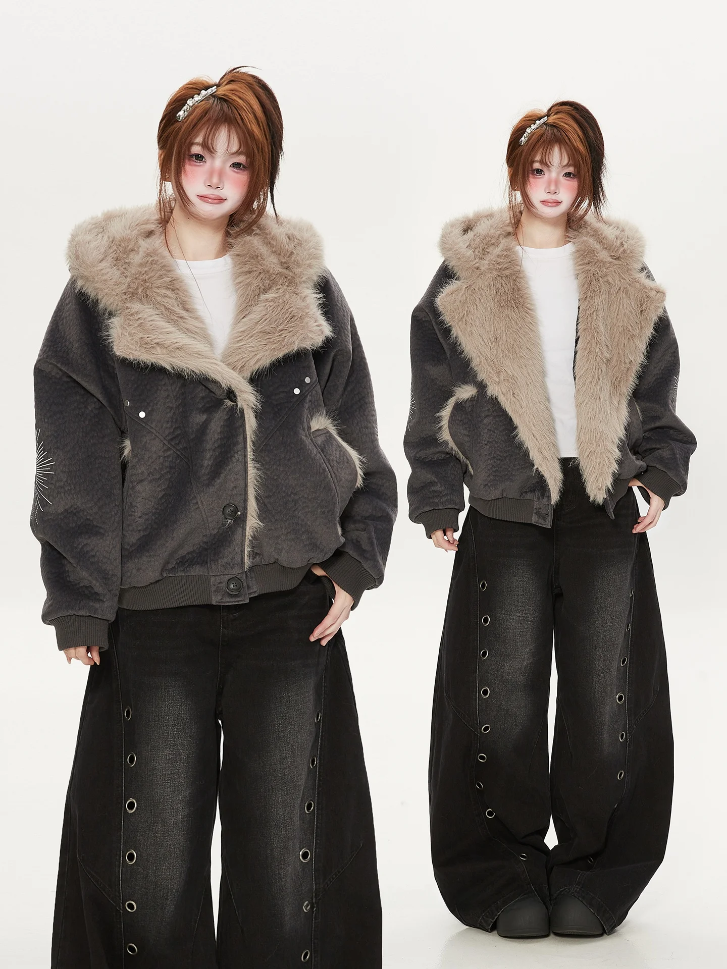 

Thiened Winter Jaet Women's Loose Fit Warm Coat Fce Lined Street Sle Commute Faion Embroidered Design Hooded Butto...
