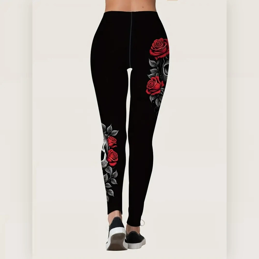 Halloween & Rose Skull Print Elastic elastic waist women\'s casual leggings spring Summer Fall