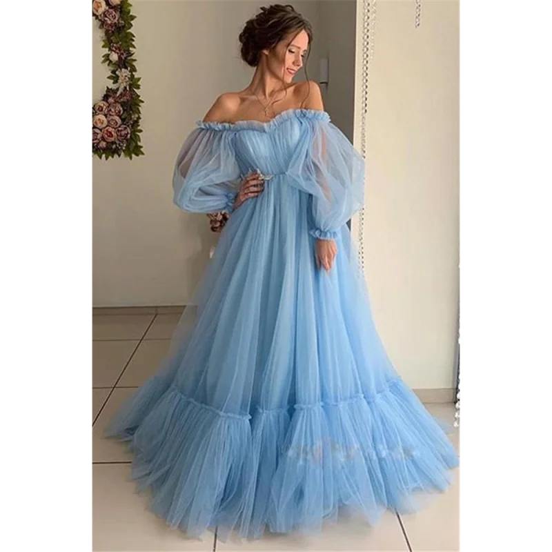 Elegant Off-Shoulder Ball Gown Women Pink Slash-Neck Comfort Mesh Formal Dress Bridesmaid Clothing Blue Floor-Length Party Robes