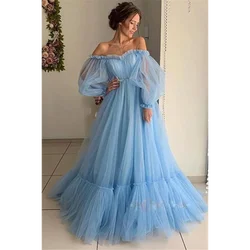 Elegant Off-Shoulder Ball Gown Women Pink Slash-Neck Comfort Mesh Formal Dress Bridesmaid Clothing Blue Floor-Length Party Robes