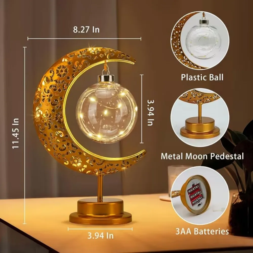 Lampa stołowa dekoracyjna na Ramadan - wzór księżyca z wgłębieniami, świąteczna lampa dekoracyjna z gwiazdą i kuleą, lampa modelująca w stylu muzułmańskim na biurko