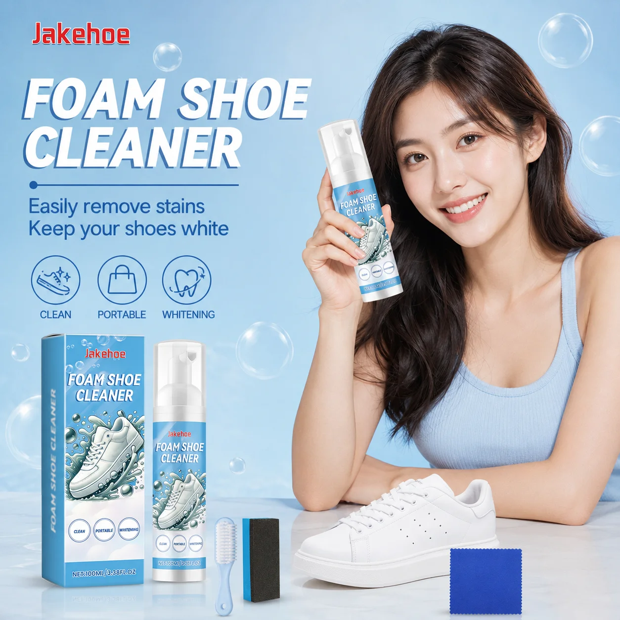 Jakehoe Foam Shoe Cleaner Powerful Stain Removal Oil Stain Remover Shoe Color Protection No‑Rinse Cleaning Shoe Cleaning Kit