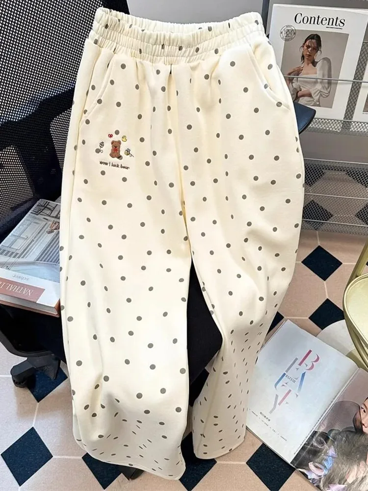Mode Dot doux jambe large pantalon femmes mignon dessin animé broderie pantalon coréen Chic automne taille haute femme ample pantalon décontracté nouveau