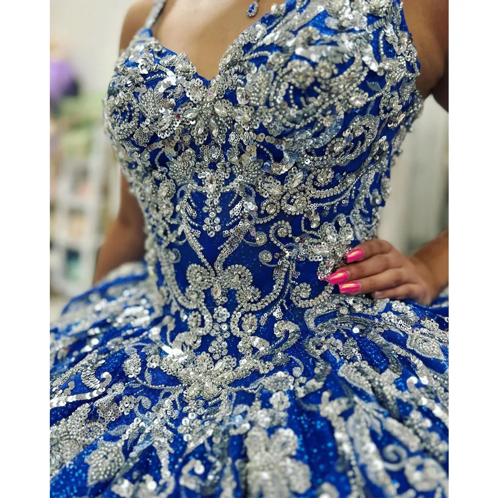 Vestido azul royal Quinceanera, vestido de baile, aplique de renda, laço frisado, espartilho mexicano, doce 16, 15 anos