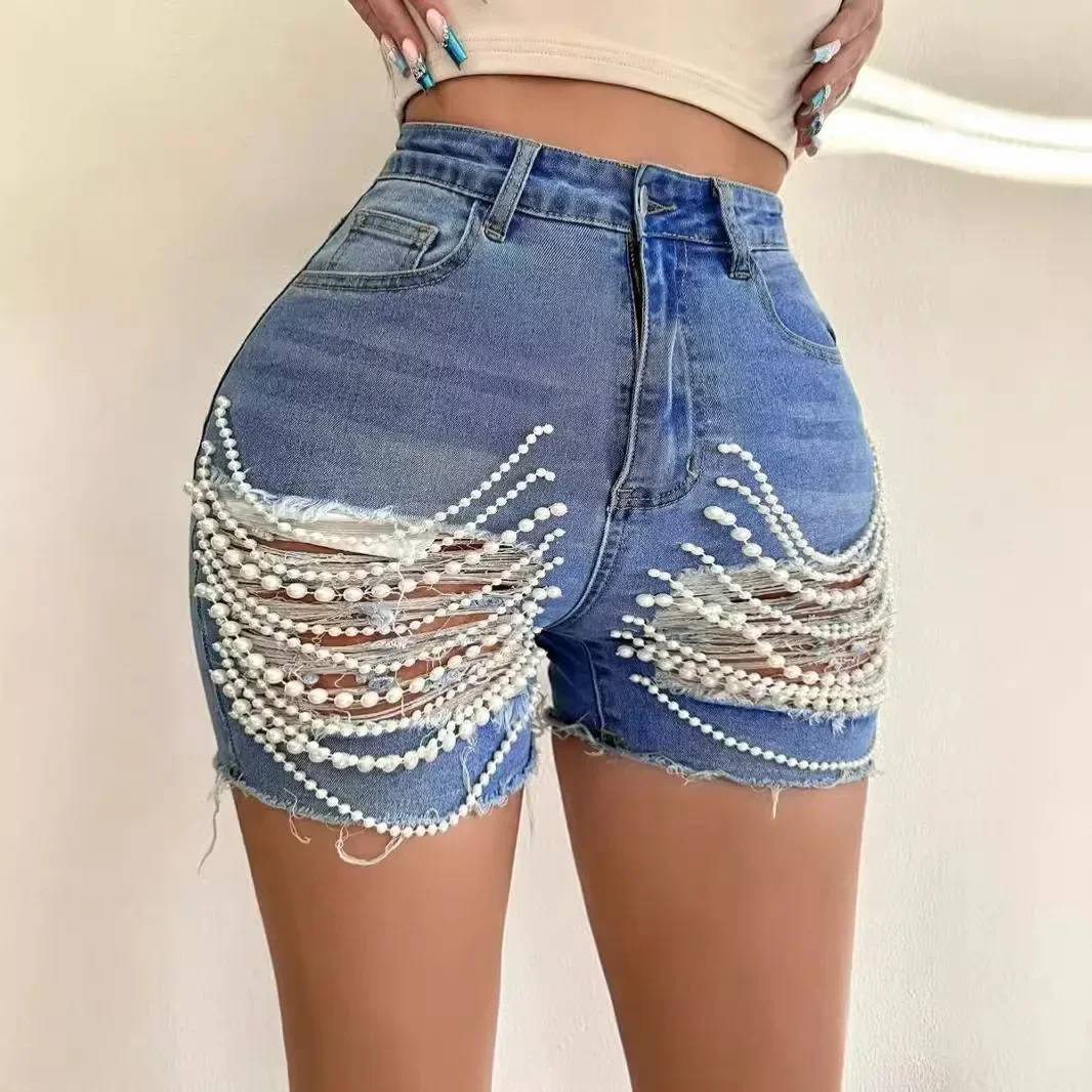 Women's Denim Shorts Pants Summer Wear New High Waist Slimming Handmade Beading Jeans