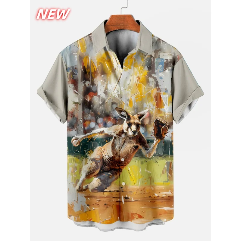 

Kangaroo Monkey Pattern Hawaiian Shirt Men Fun 3D Print Short Sleeve Blouse Casual Vacation Beachwear Button Loose Aloha Shirts