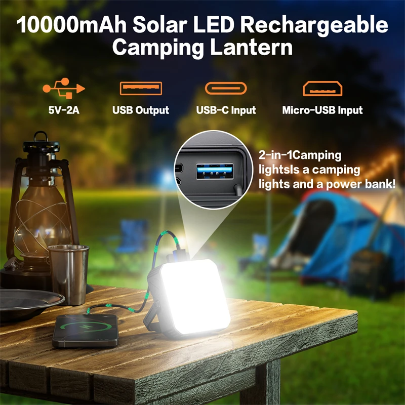 10000mAh Solar Power Bank Ultra Capacity USB Charging For iPhone Samsung Xiaomi Huawei Outdoor Power with Camping Light Lanyard