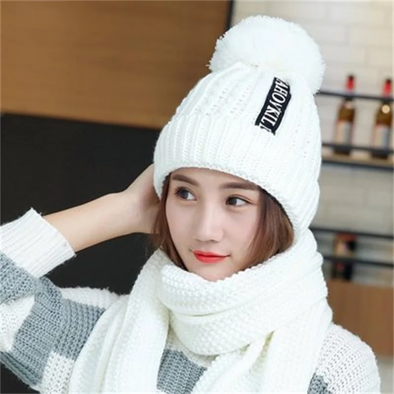 Winter Knitted Scarf Hat Set Thick Warm Skullies Beanies Hats for Women Outdoor Cycling Riding Ski Bonnet Caps Scarf