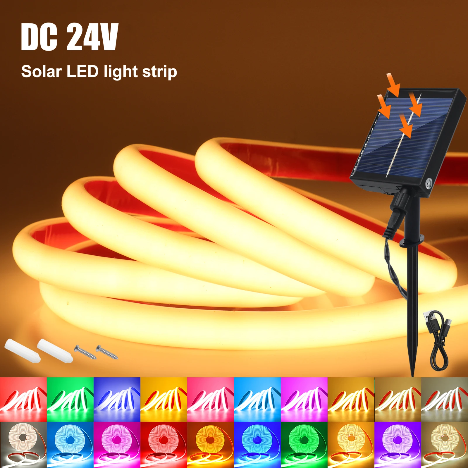 Solar COB Light Strip 24V Neon Flexible Tape Waterproof Red Green Blue Warm Natural White 320LED/m High Density for Garden Decor