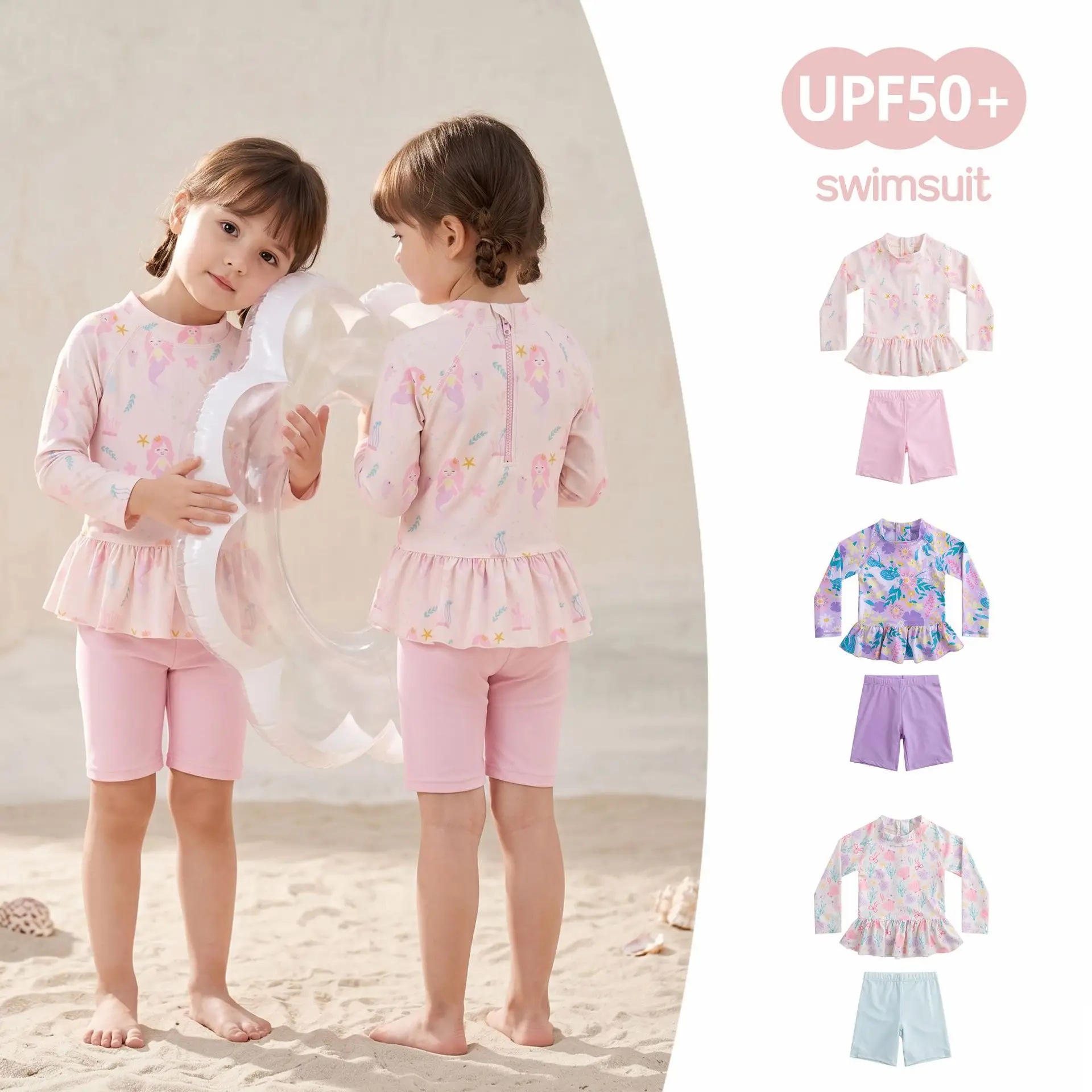 Children's Swimwear 26 Summer Pink Fashionable Long-Sleeve UV-Protective Girls' Two-Piece Swimsuit, Quick-Dry Vacation Beachwear