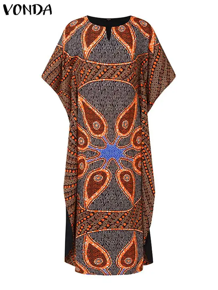 VONDA Plus Size Long Maxi Dress Women Bohemian Elegant Printed Party Sundress 2024 Autumn Bat-wing Sleeve Vestido Casual Robe