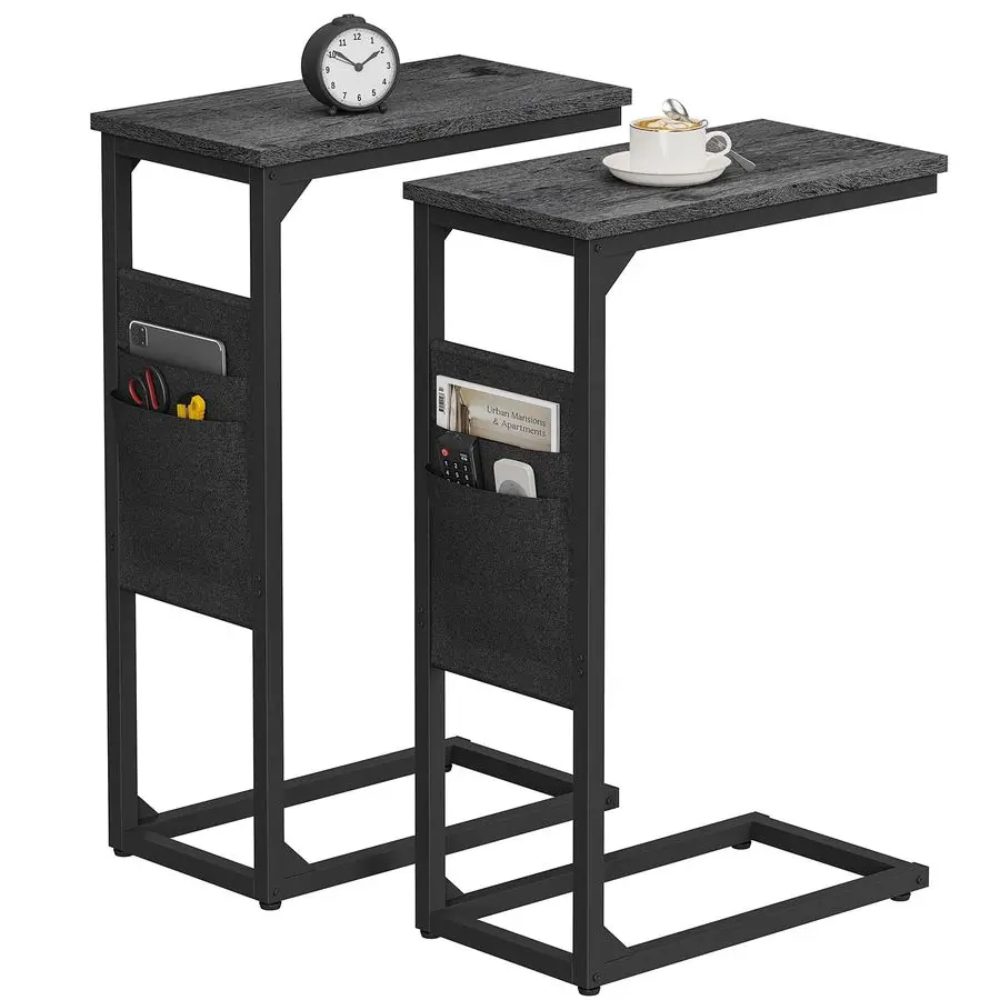 

Приставной столик в форме буквы С, приставной столик для дивана, журнальный столик с сумкой для хранения, поднос для телевизора для гостиной, спальни, цвет: угольно-серый