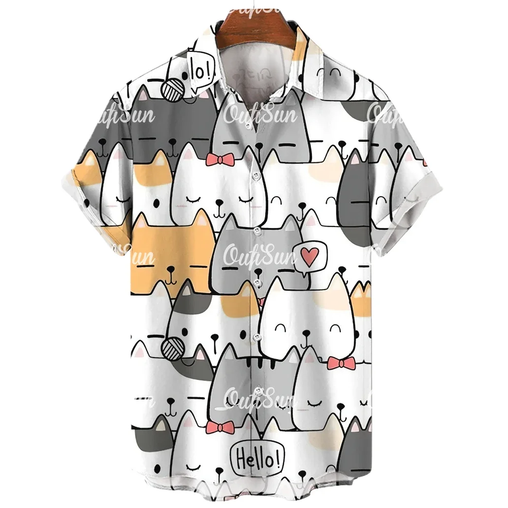 2023 Anime Cartoon Men\'s Shirt 3D Printed Animal Cat Oversized Men\'s Shirt Casual Short Sleeve Daily Hawaiian Shirt Tops Summer