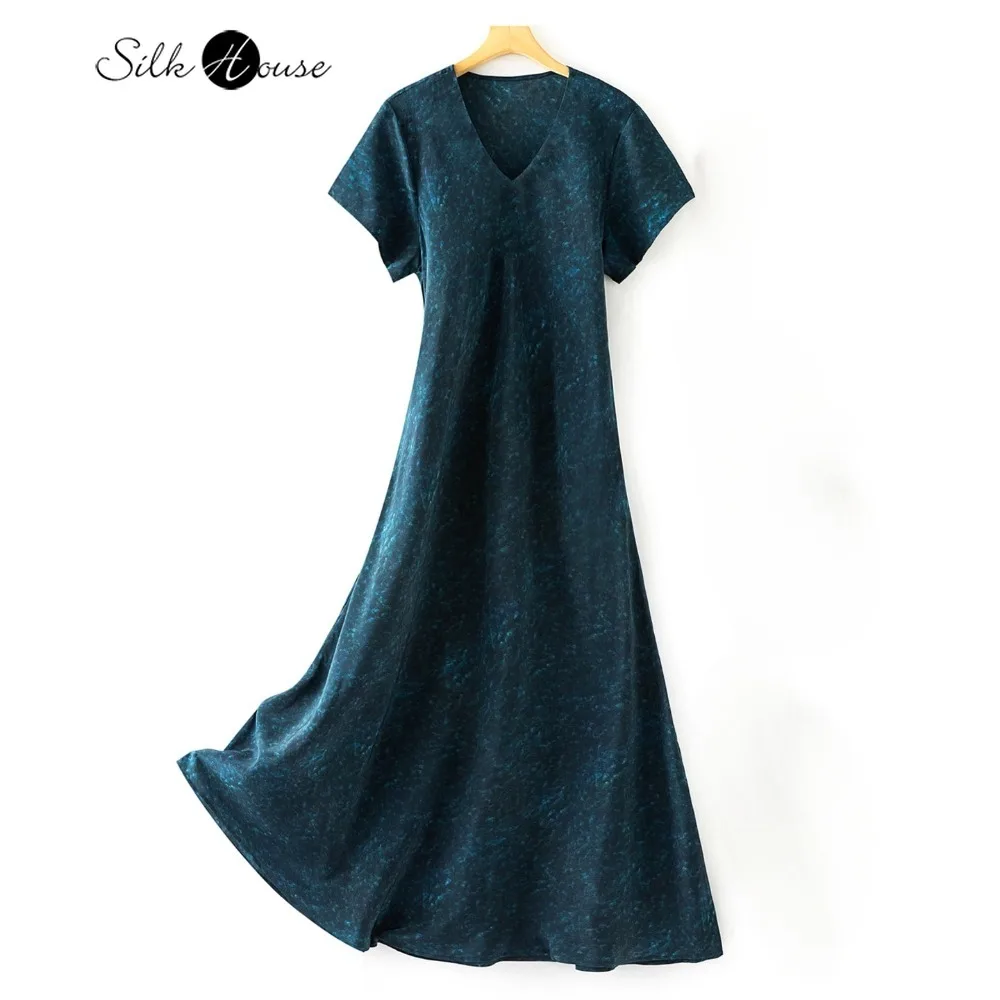 Deep Blue Starry Sky 100% Natural Mulberry Silk Crepe De Chine V-neck Short Sleeve Slant Cut Slimming Style Fishtail Dress