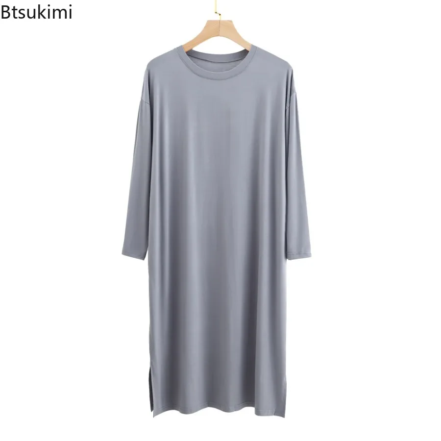 New 2024 Men\'s O-Neck Long Sleeve Robes Homewear Mid-long Knee Length Soft Comfortable Modal Nightwear Men Solid Thin Bathrobe