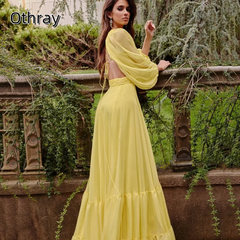 Robes de bal en mousseline de soie, ligne A, col en V, personnalisées, simples, manches longues lanterne, robe de soirée, Corset, longueur au sol, élégantes