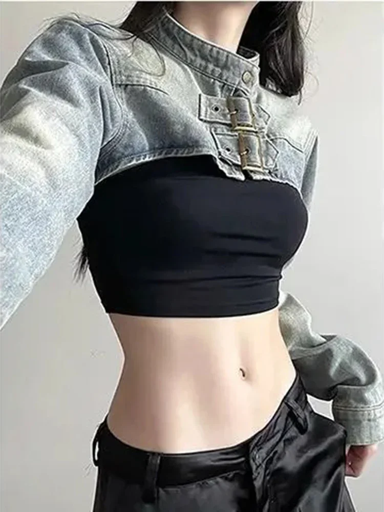 Spring And Summer Streetwear Hot Girl Ultra Short Denim Jacket For Women's Fashion Stand Up Collar Coat Y2k Chaqueta Mujer