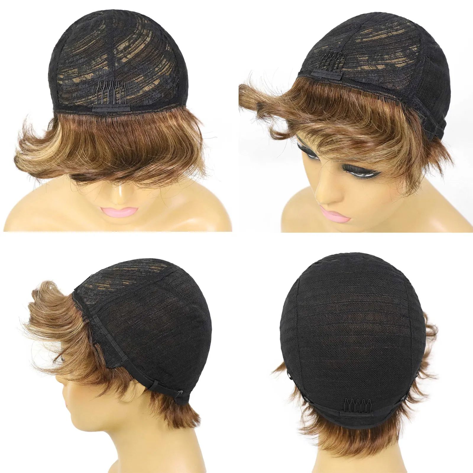 # 4/27 블론드 하이라이트 숏 픽시컷 가발 여성용 인모 레이어드 가발 페루산 밥 풀 머신 메이드 가발 150% 밀도