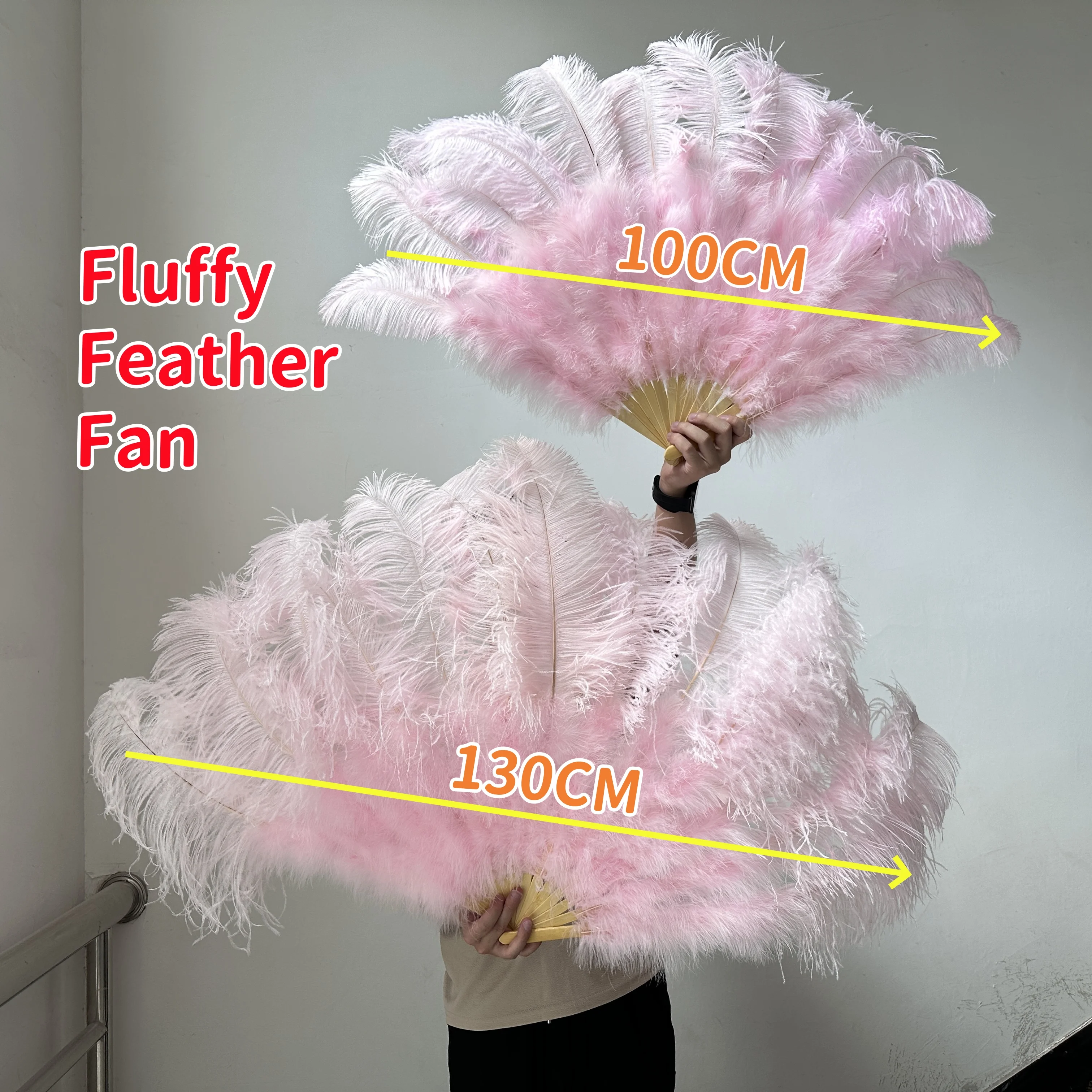 

1-1.3M Light Pink Big Ostrich Feather Fan Fluffy 13 Bone Handheld Carnival Belly Dance Stage Performance Feather Fan Plumes DIY