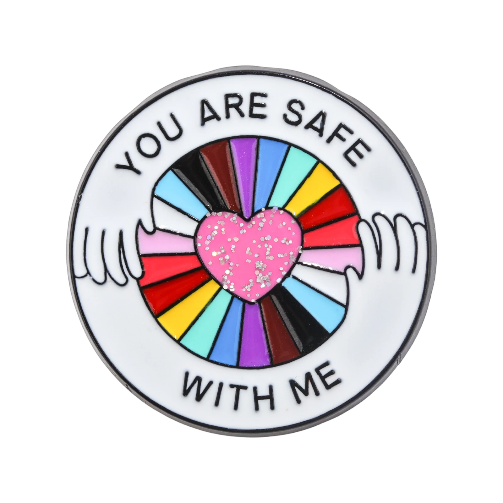 You Are Safe With Me Rainbow Glitter Heart Enamel Pin LGBT Pride Lapel Brooch Positive Quote Friendship Backpack Gift