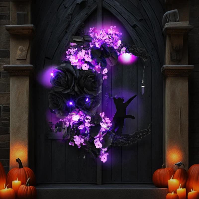 Halloween Signs Moon Shaped Door Wreaths Goth Roses Black Cats Garland Front Door Ornament Halloween Decor, B Easy To Use