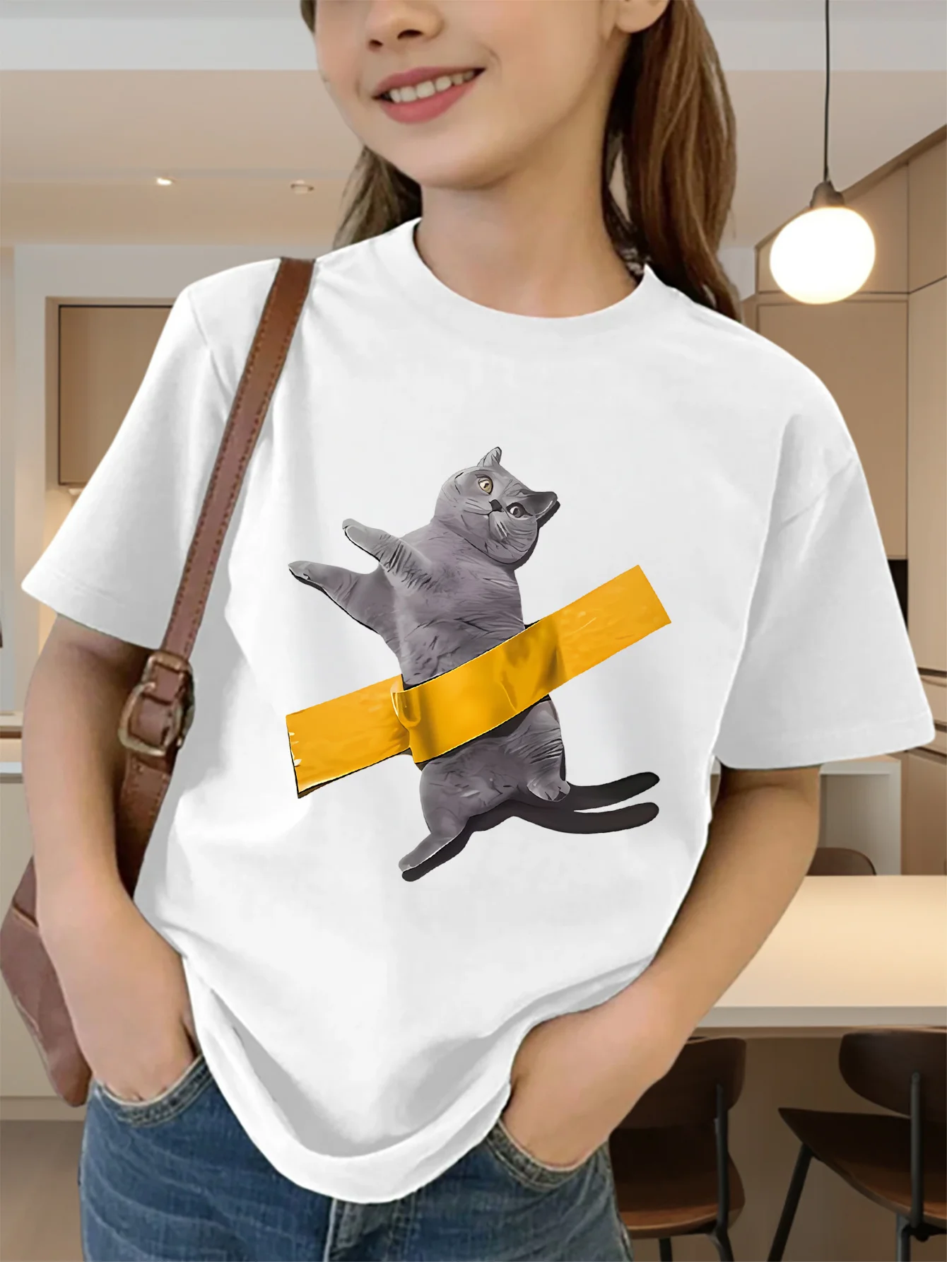Cute Funny Tape Grey Cat Cartoon Print Graphic Kids Tee Boys Girls Family Matching Cotton Crew Neck Short Sleeve Soft Summer Tee