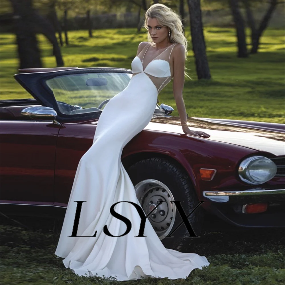 LSYX Simple Sweetheart Sleeveless Crepe Mermaid Wedding Dress For Women Illusion Back Sexy Floor Length Bridal Gown