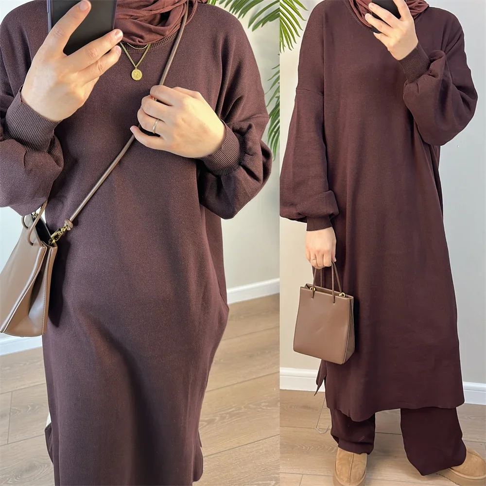 2PCS Winter Knitted Sweater Abaya Dubai Turkey Muslim Sets Pants Dress Islam Clothing Abayas for Women Robe Ensembles Musulmane