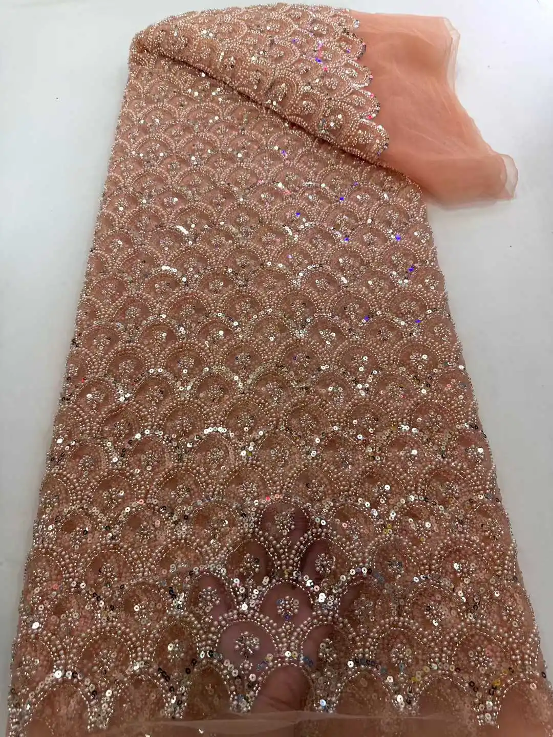 

2026 Luxurious African Beaded Net Mesh Lace Fabric Beads Embroidery Sequins French Tulle Lace for Nigerian Wedding Party Dress