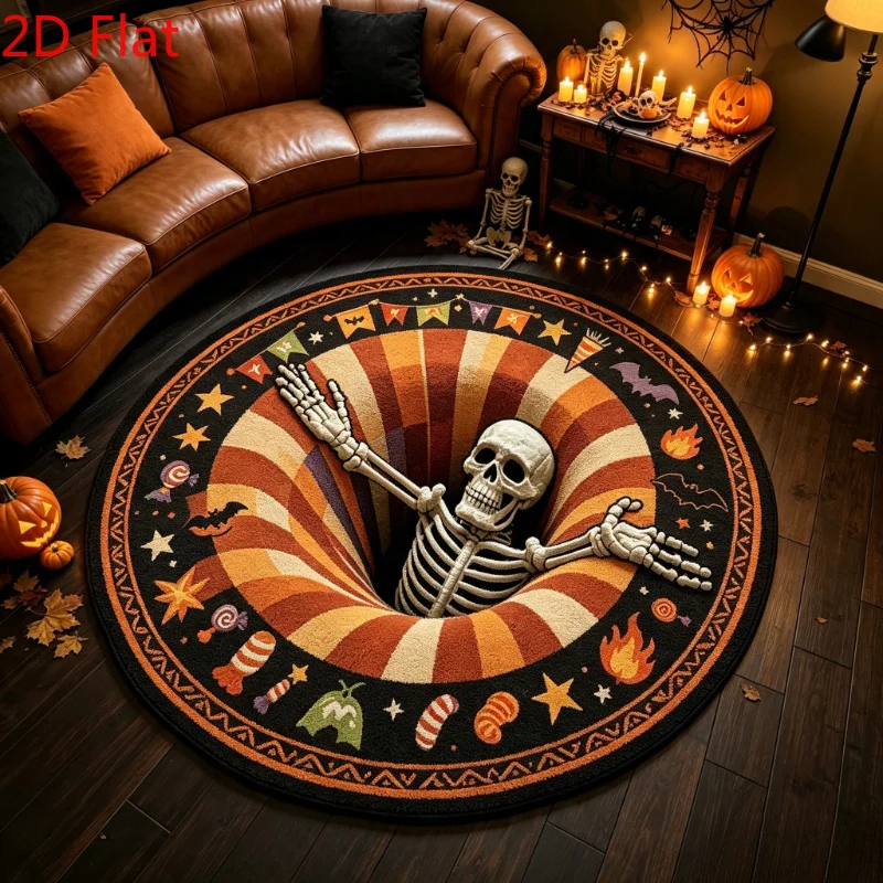 Halloween Skeleton Rising From Swirl Vortex Candy Pumpkin Bat Round Rug For Spooky Living Room Featuring Horror Depth Carpet