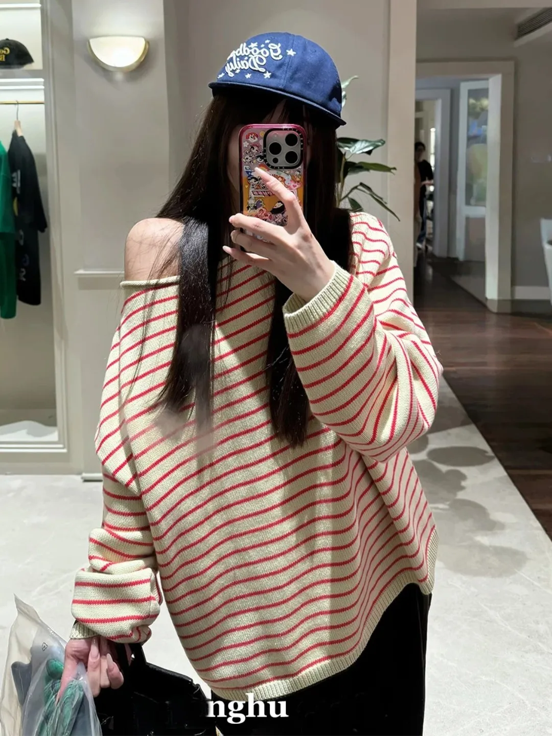 Spring Autumn Lazy Loose Super Beautiful Color Block Striped Shoulder Long Sleeve Knitted Korean Style Ins Shoulder Baring Sw...