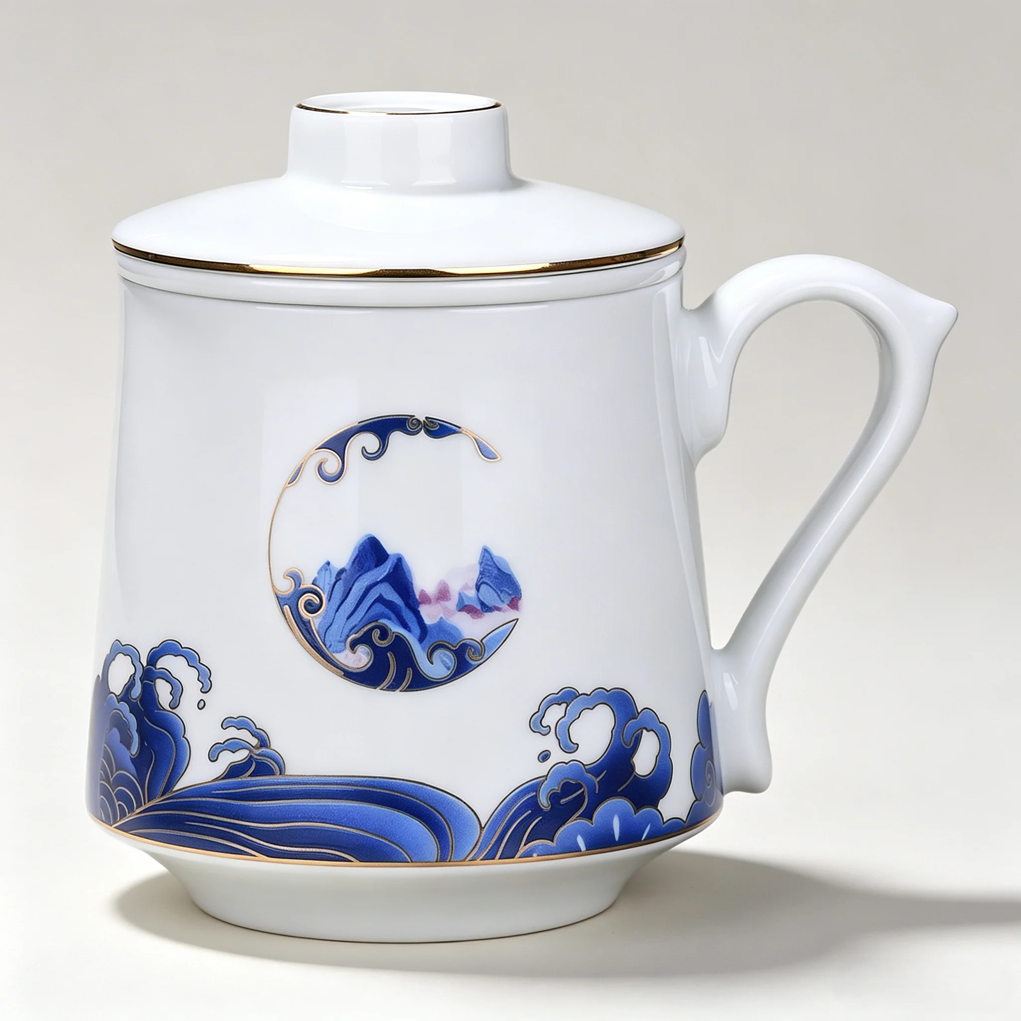 LIANHUA POTTERY Linglong Porcelain Mug with Infuser 500ml Handcrafted Golden Koi and Blue Wave Design Luxury Anniversary Gift
